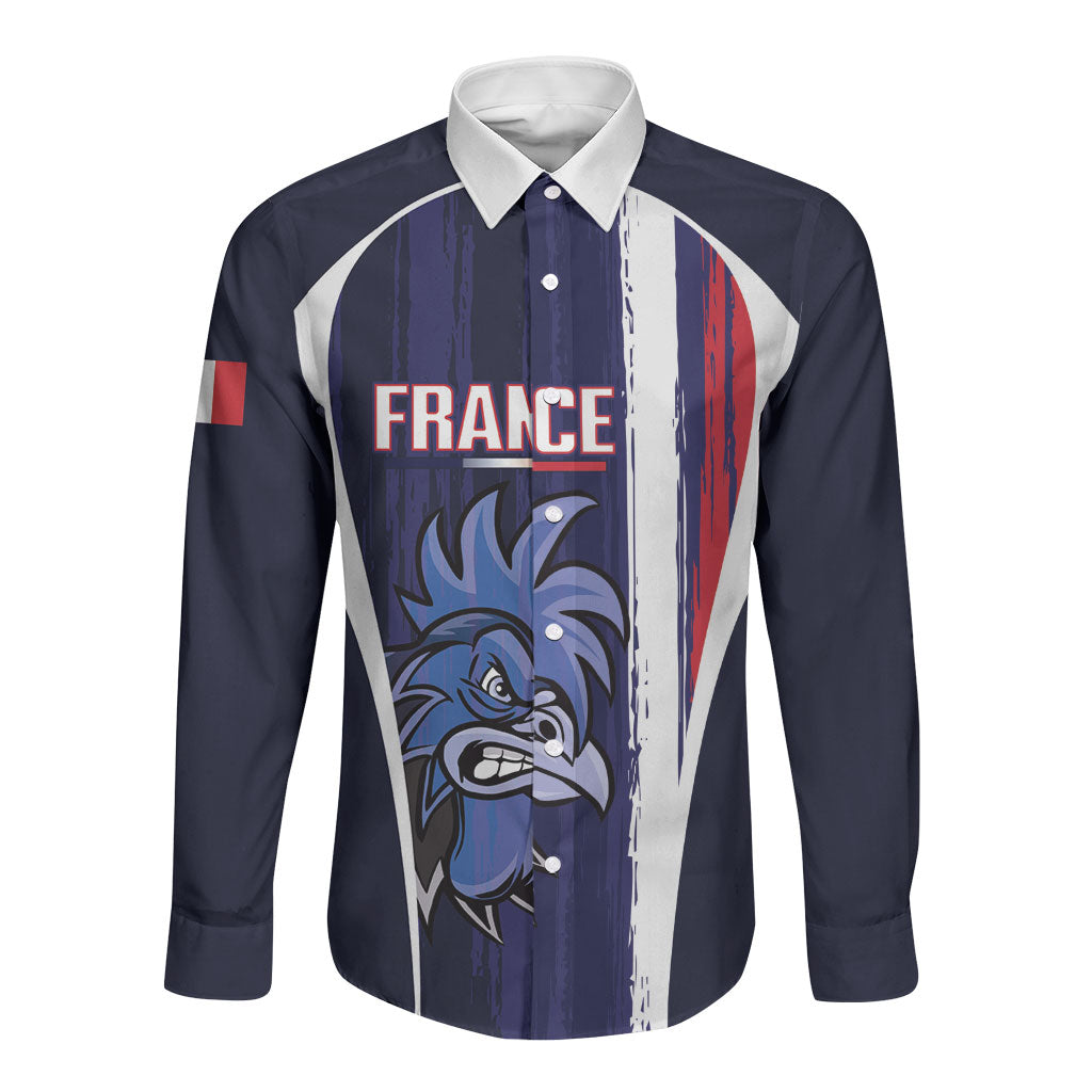 Custom France Football 2026 Long Sleeve Button Shirt Allez Les Bleus Flag Brush Style