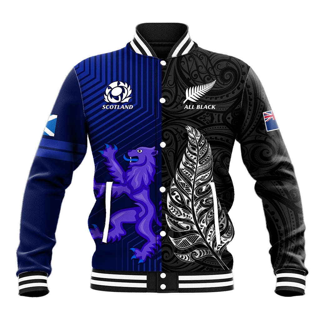 New Zealand and Scotland Rugby Baseball Jacket All Black Maori With Thistle Together - Wonder Print Shop