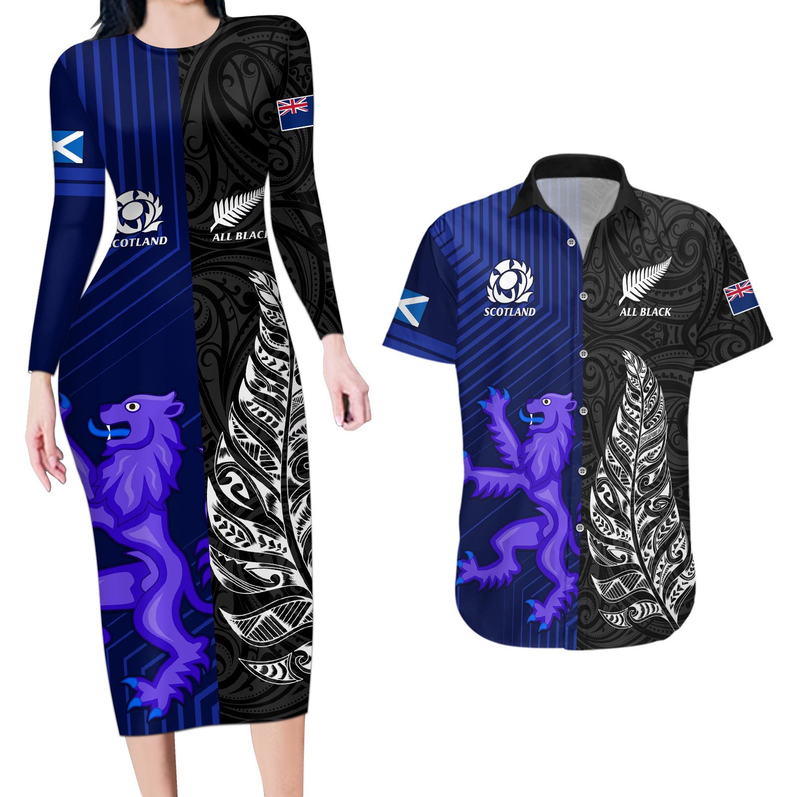 New Zealand and Scotland Rugby Couples Matching Long Sleeve Bodycon Dress and Hawaiian Shirt All Black Maori With Thistle Together - Wonder Print Shop