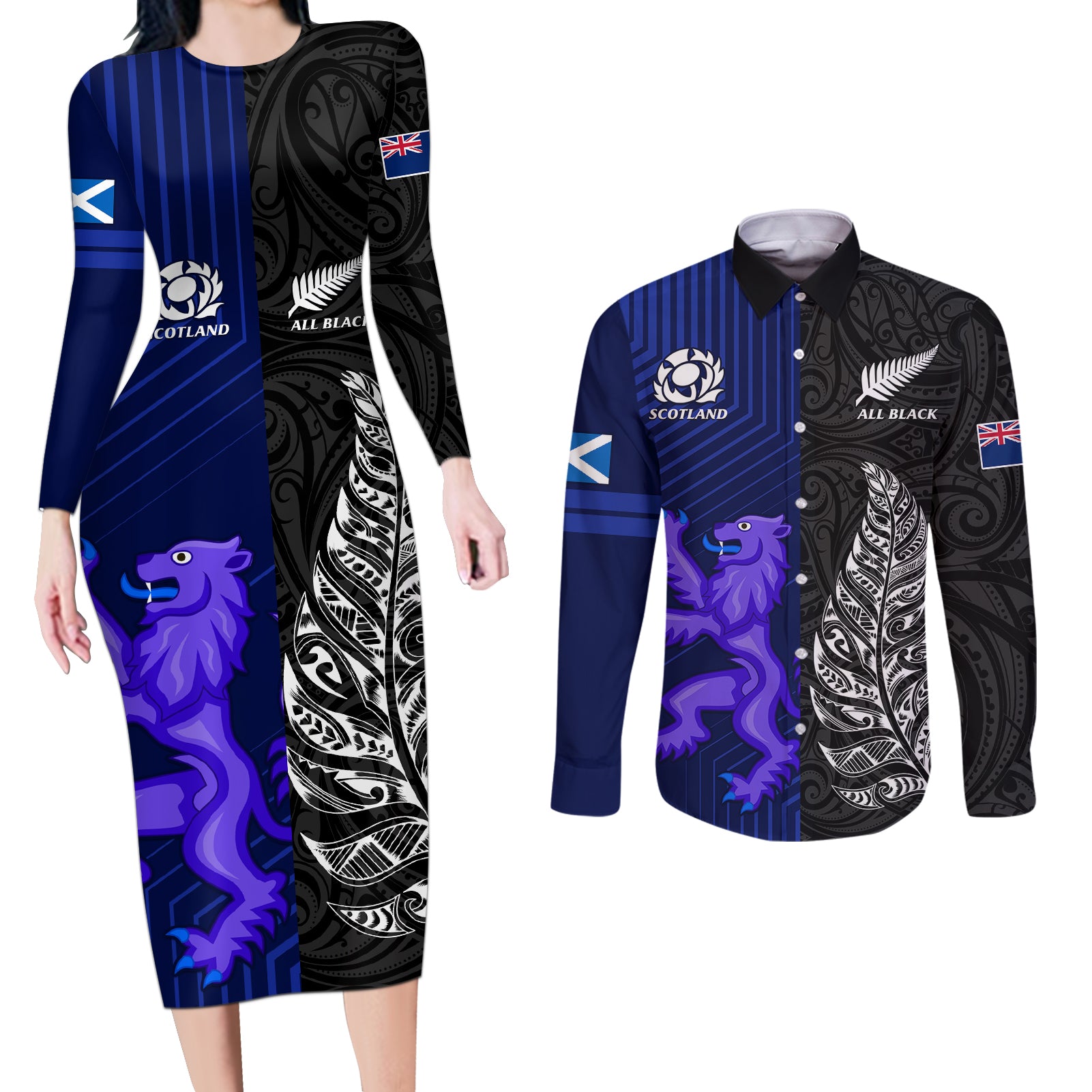 New Zealand and Scotland Rugby Couples Matching Long Sleeve Bodycon Dress and Long Sleeve Button Shirts All Black Maori With Thistle Together - Wonder Print Shop