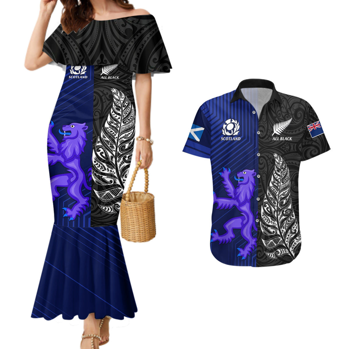 New Zealand and Scotland Rugby Couples Matching Mermaid Dress And Hawaiian Shirt All Black Maori With Thistle Together - Wonder Print Shop