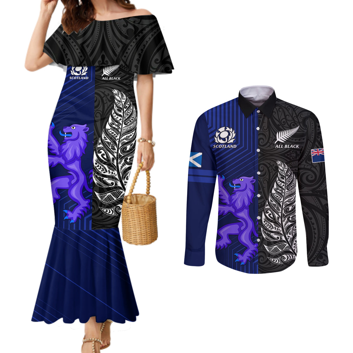 new-zealand-and-scotland-rugby-couples-matching-mermaid-dress-and-long-sleeve-button-shirts-all-black-maori-with-thistle-together