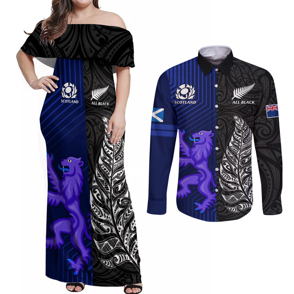 New Zealand and Scotland Rugby Couples Matching Off Shoulder Maxi Dress and Long Sleeve Button Shirts All Black Maori With Thistle Together - Wonder Print Shop