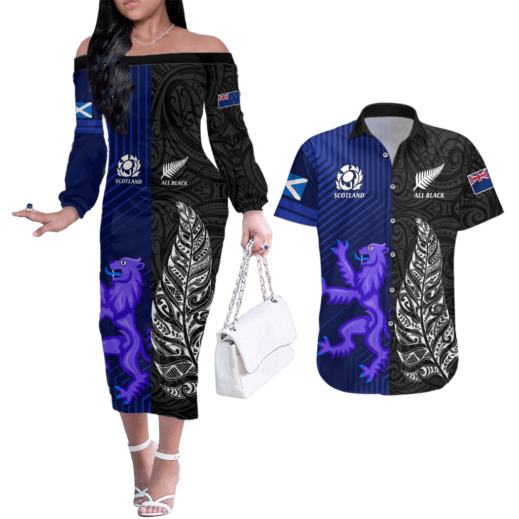 New Zealand and Scotland Rugby Couples Matching Off The Shoulder Long Sleeve Dress and Hawaiian Shirt All Black Maori With Thistle Together - Wonder Print Shop