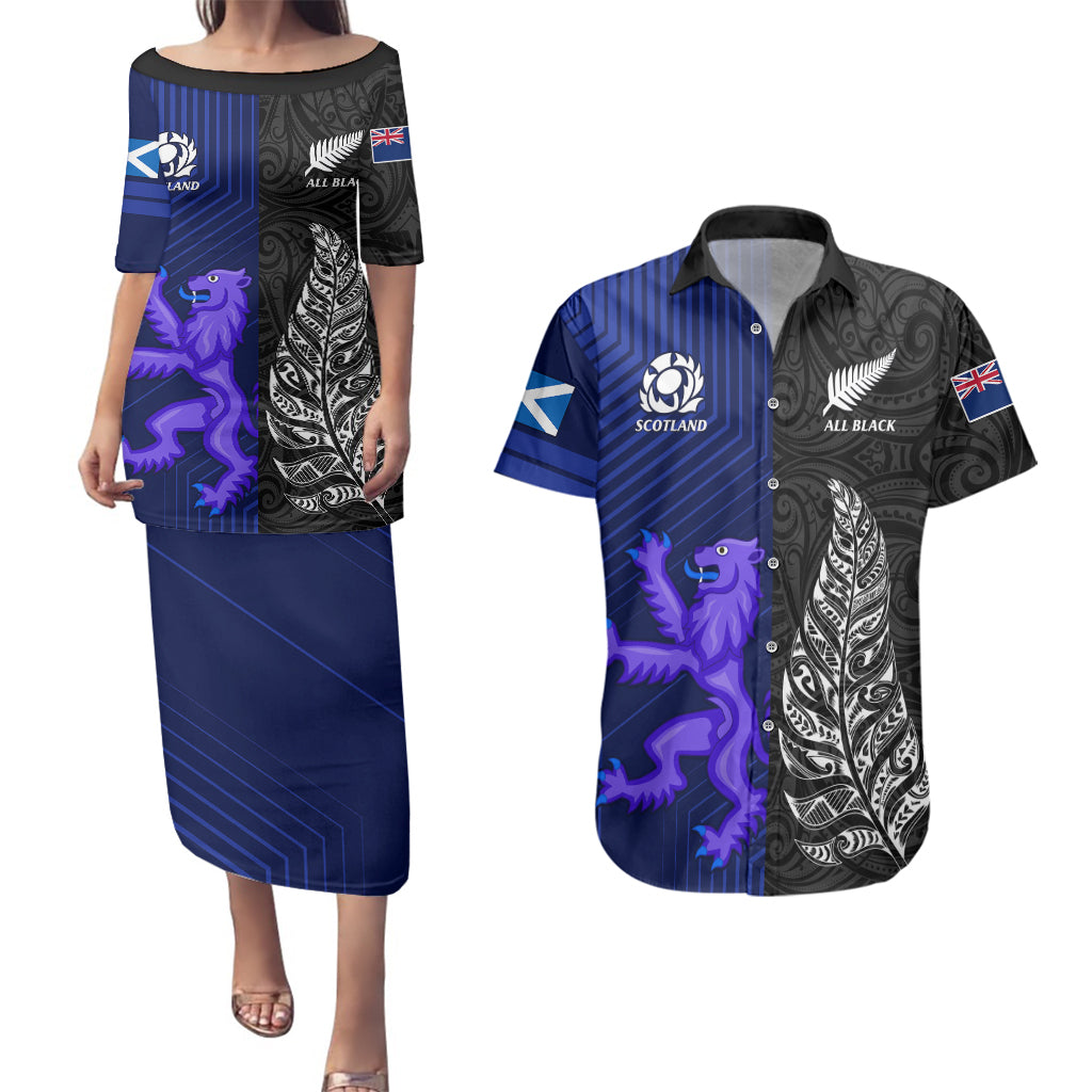 New Zealand and Scotland Rugby Couples Matching Puletasi Dress and Hawaiian Shirt All Black Maori With Thistle Together - Wonder Print Shop