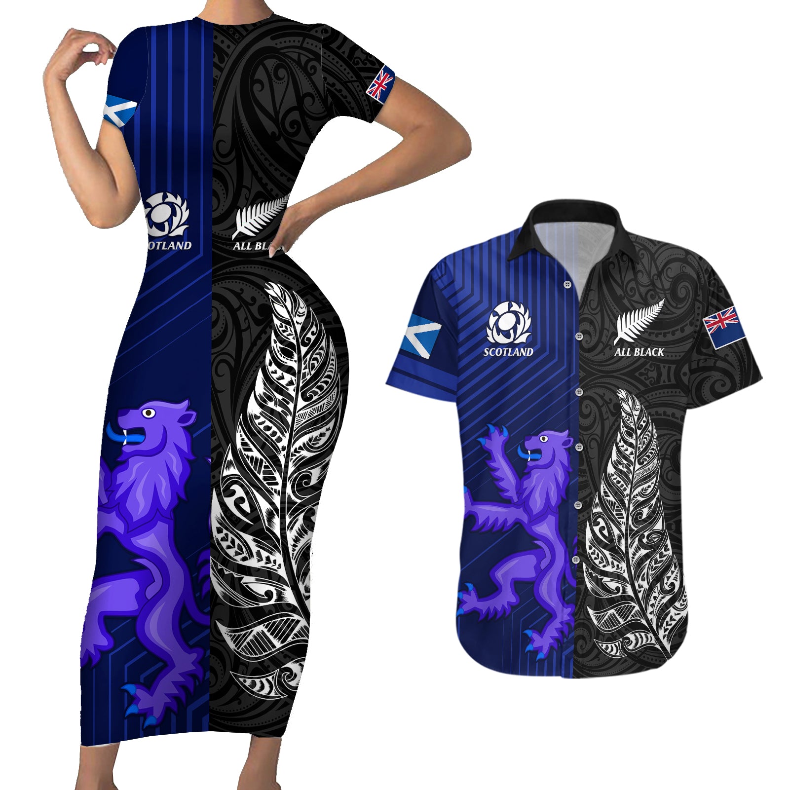 New Zealand and Scotland Rugby Couples Matching Short Sleeve Bodycon Dress and Hawaiian Shirt All Black Maori With Thistle Together - Wonder Print Shop