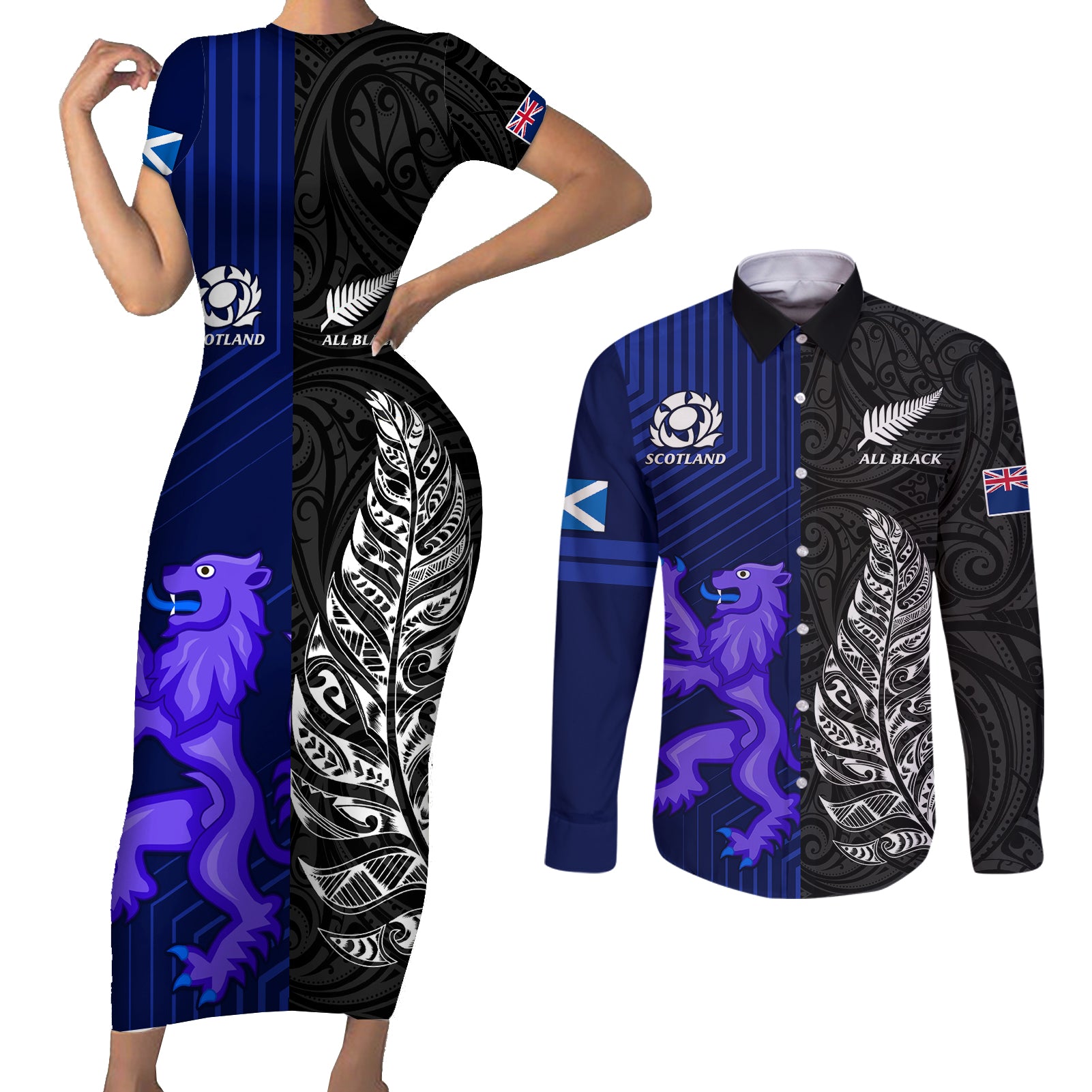 New Zealand and Scotland Rugby Couples Matching Short Sleeve Bodycon Dress and Long Sleeve Button Shirts All Black Maori With Thistle Together - Wonder Print Shop