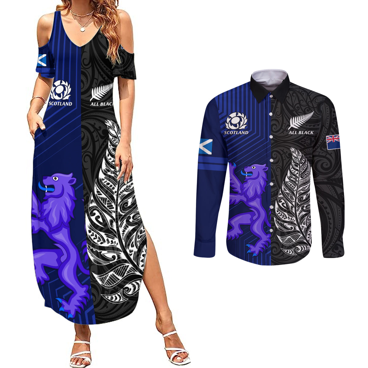 New Zealand and Scotland Rugby Couples Matching Summer Maxi Dress and Long Sleeve Button Shirts All Black Maori With Thistle Together - Wonder Print Shop