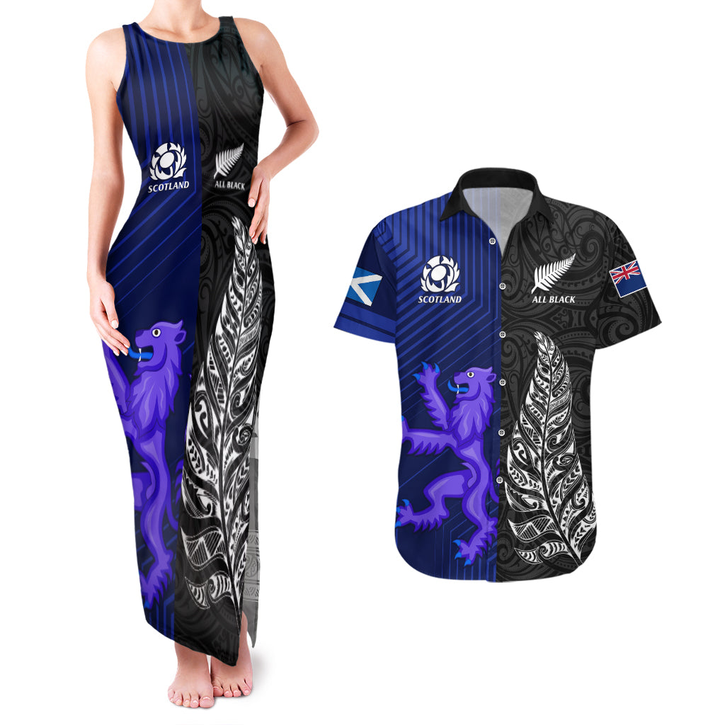 New Zealand and Scotland Rugby Couples Matching Tank Maxi Dress And Hawaiian Shirt All Black Maori With Thistle Together - Wonder Print Shop