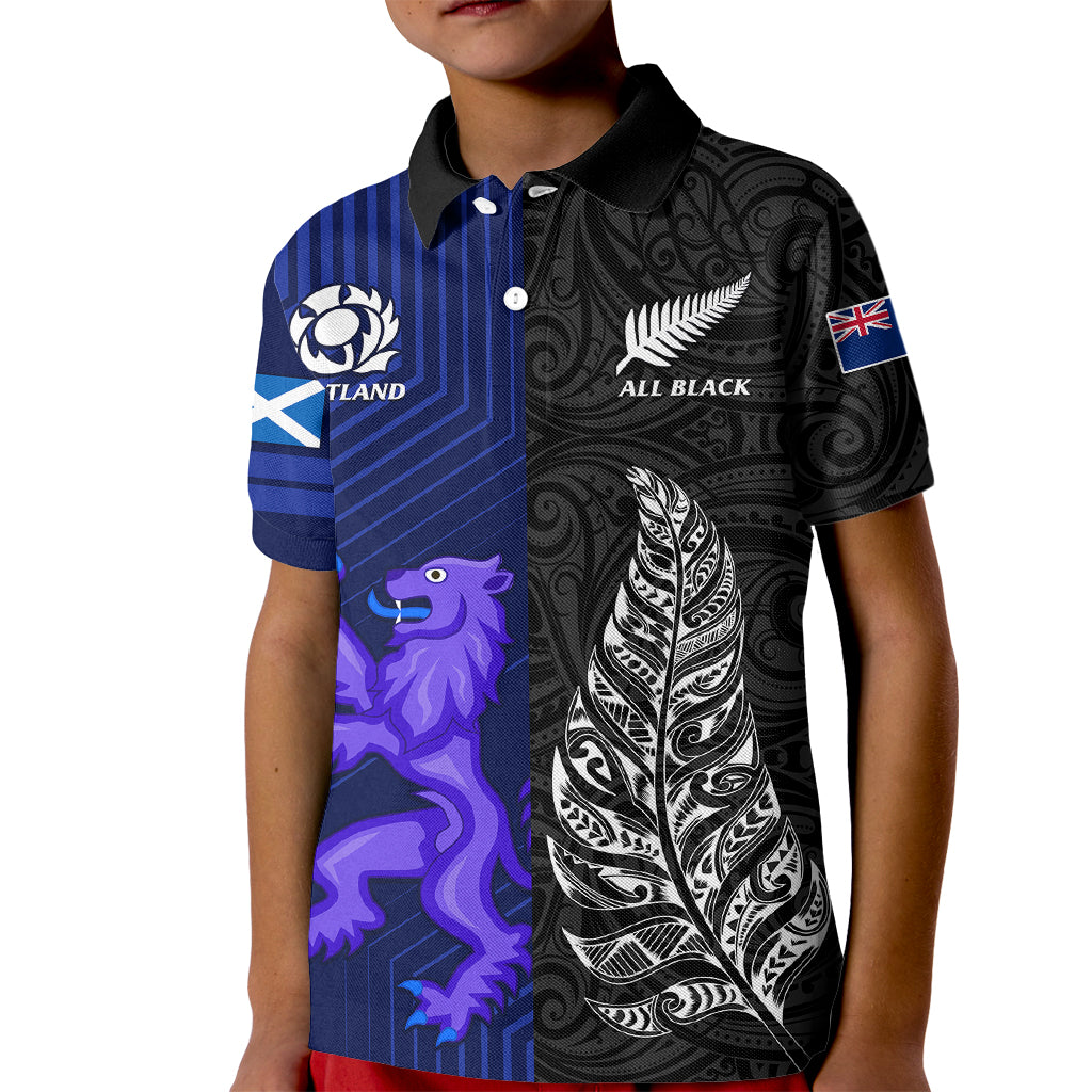 New Zealand and Scotland Rugby Kid Polo Shirt All Black Maori With Thistle Together - Wonder Print Shop