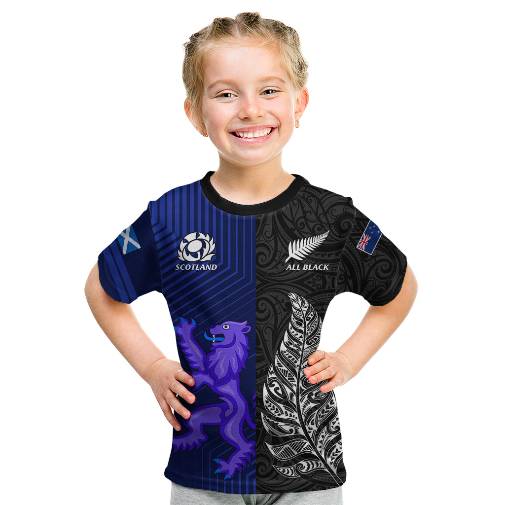 New Zealand and Scotland Rugby Kid T Shirt All Black Maori With Thistle Together - Wonder Print Shop