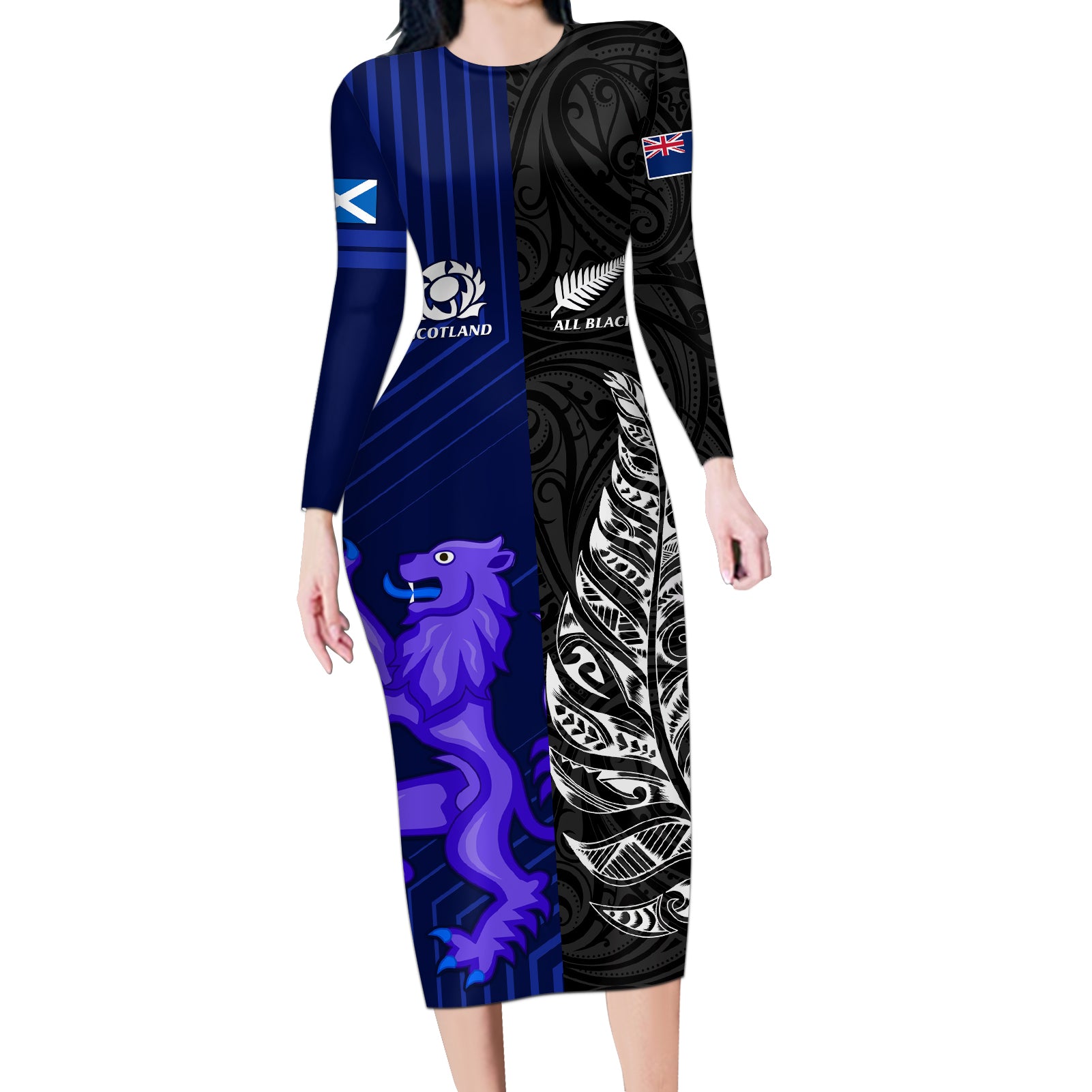 New Zealand and Scotland Rugby Long Sleeve Bodycon Dress All Black Maori With Thistle Together - Wonder Print Shop