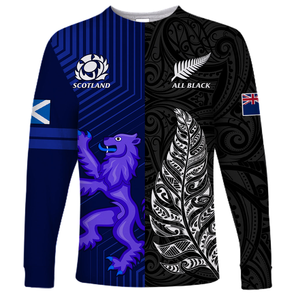 New Zealand and Scotland Rugby Long Sleeve Shirt All Black Maori With Thistle Together - Wonder Print Shop