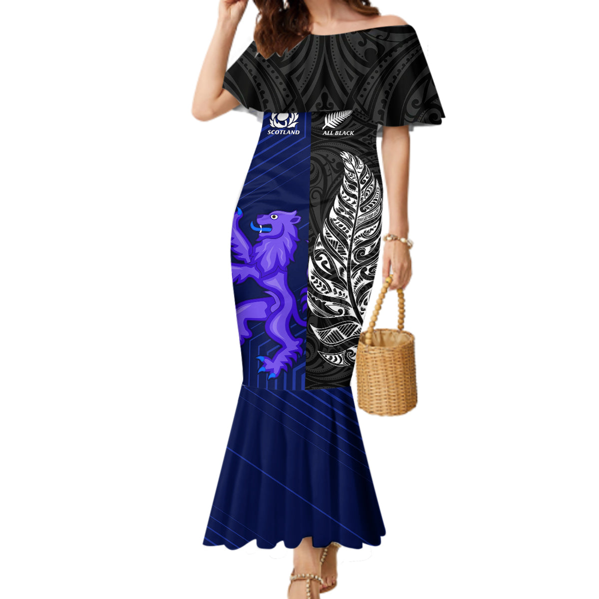 New Zealand and Scotland Rugby Mermaid Dress All Black Maori With Thistle Together - Wonder Print Shop