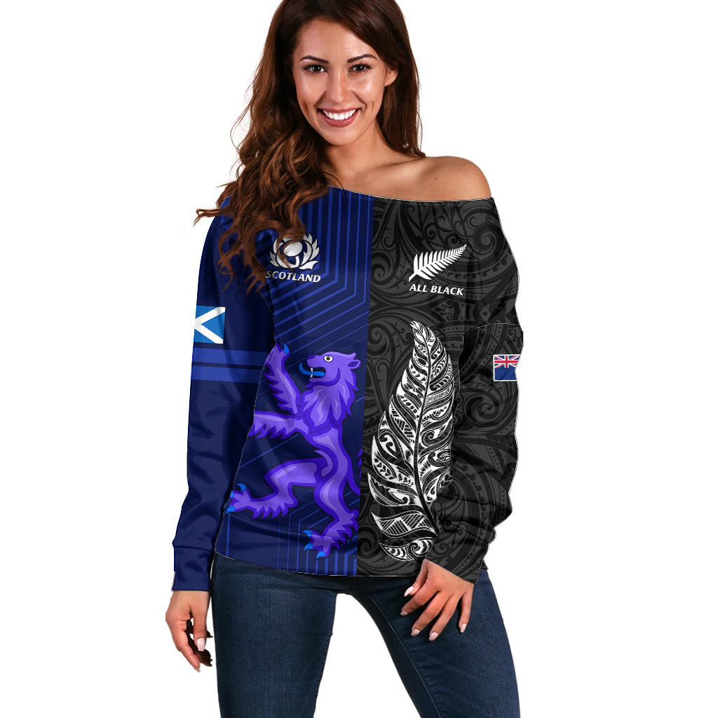 New Zealand and Scotland Rugby Off Shoulder Sweater All Black Maori With Thistle Together - Wonder Print Shop