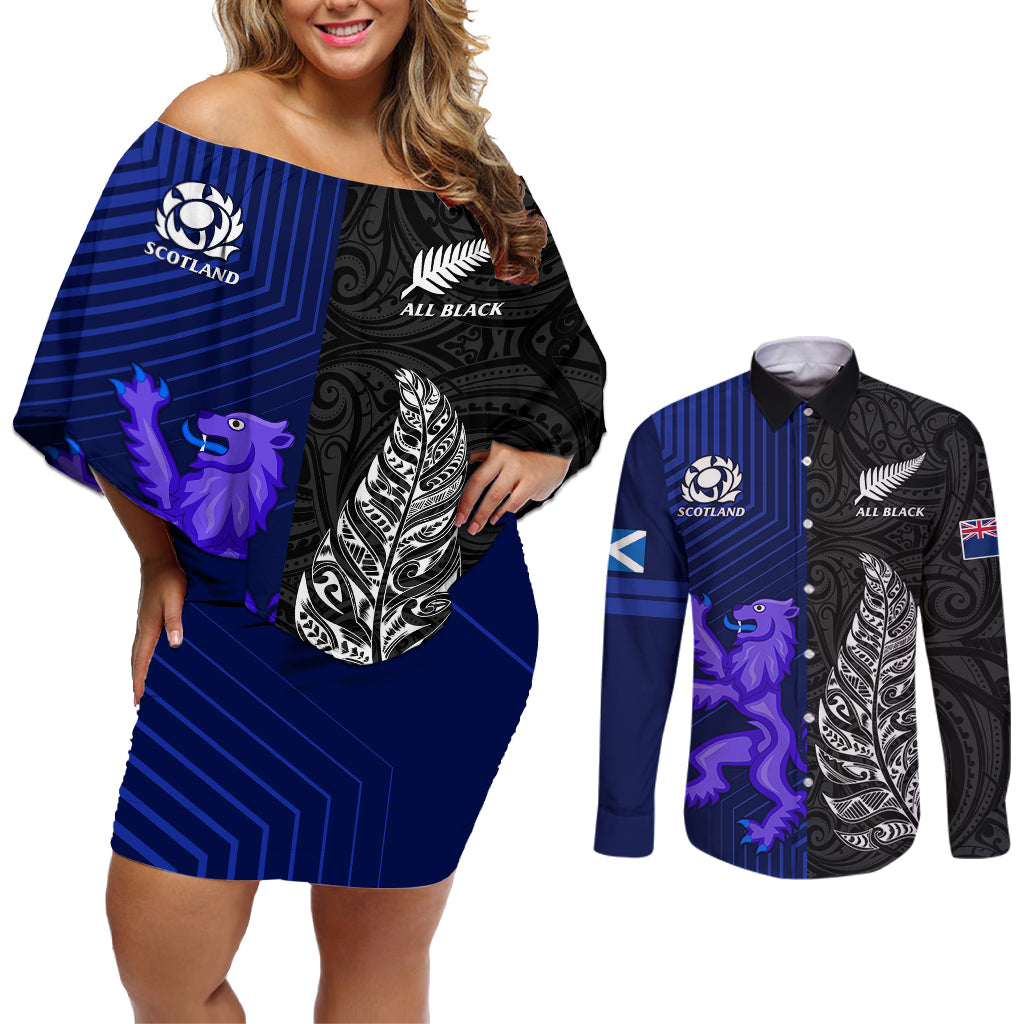 Personalised New Zealand and Scotland Rugby Couples Matching Off Shoulder Short Dress and Long Sleeve Button Shirts All Black Maori With Thistle Together - Wonder Print Shop