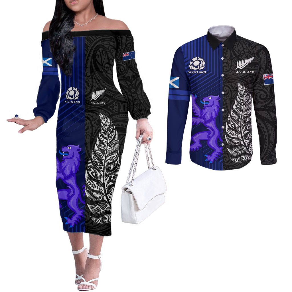 personalised-new-zealand-and-scotland-rugby-couples-matching-off-the-shoulder-long-sleeve-dress-and-long-sleeve-button-shirts-all-black-maori-with-thistle-together