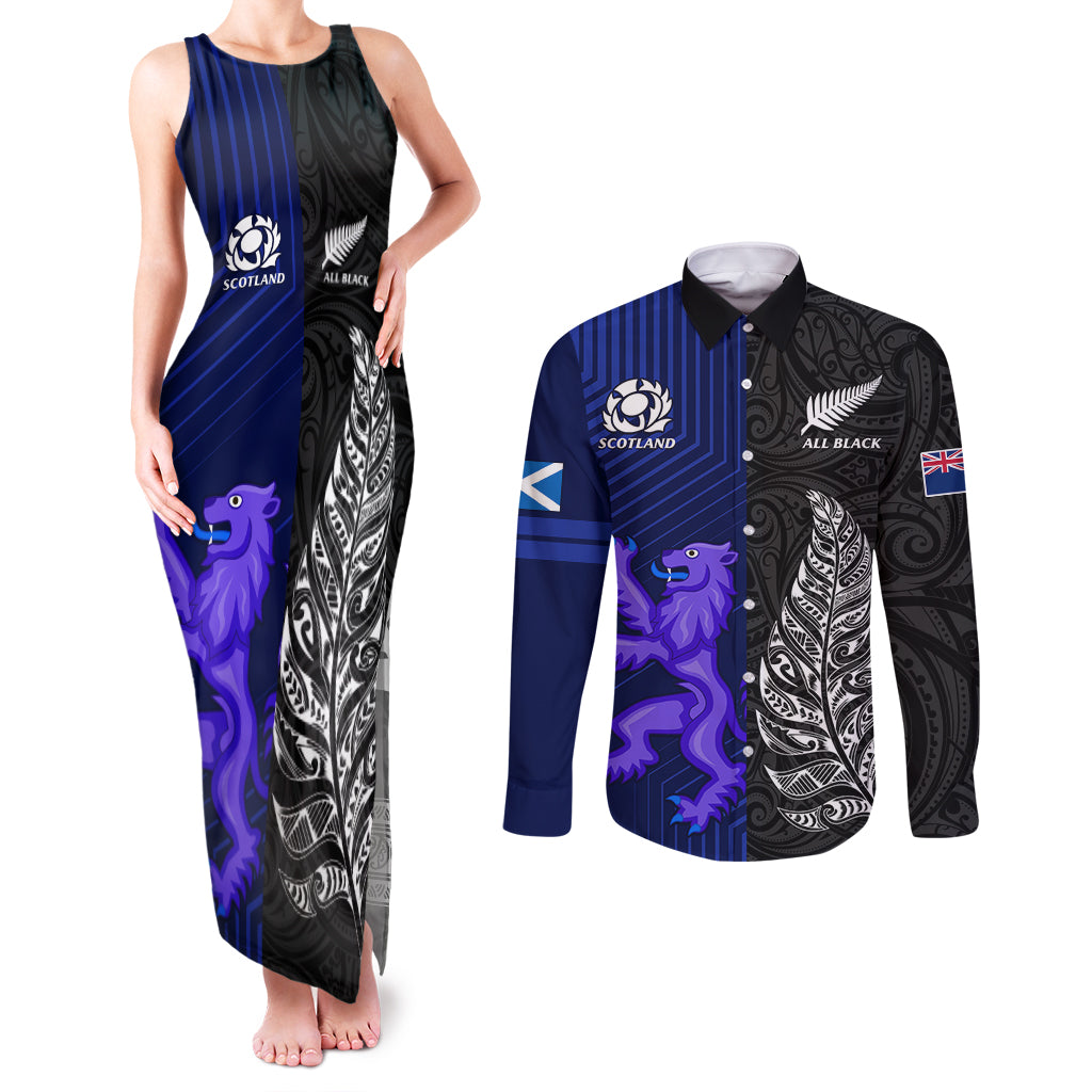 Personalised New Zealand and Scotland Rugby Couples Matching Tank Maxi Dress and Long Sleeve Button Shirts All Black Maori With Thistle Together - Wonder Print Shop