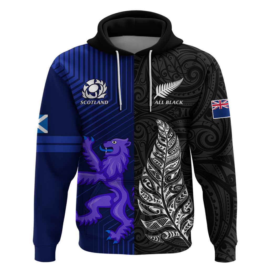 Personalised New Zealand and Scotland Rugby Hoodie All Black Maori With Thistle Together - Wonder Print Shop