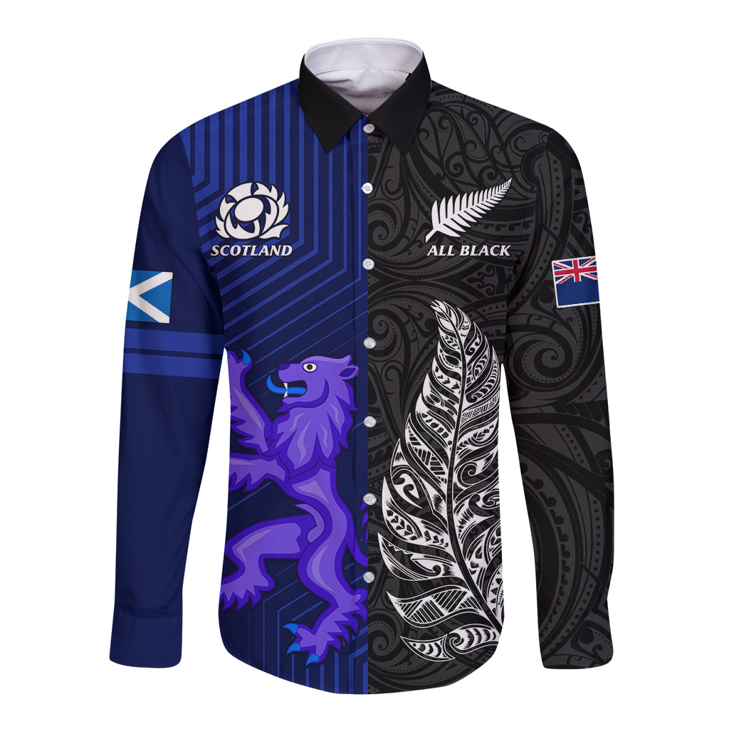 Long sleeve rugby button shirt, black and blue with Scotland emblem and Maori-style artwork
