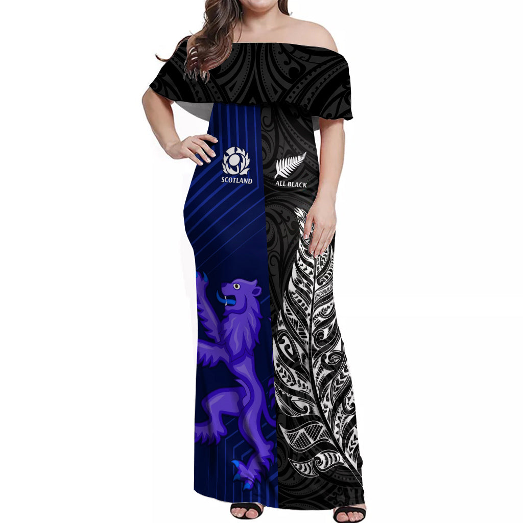 Personalised New Zealand and Scotland Rugby Off Shoulder Maxi Dress All Black Maori With Thistle Together - Wonder Print Shop