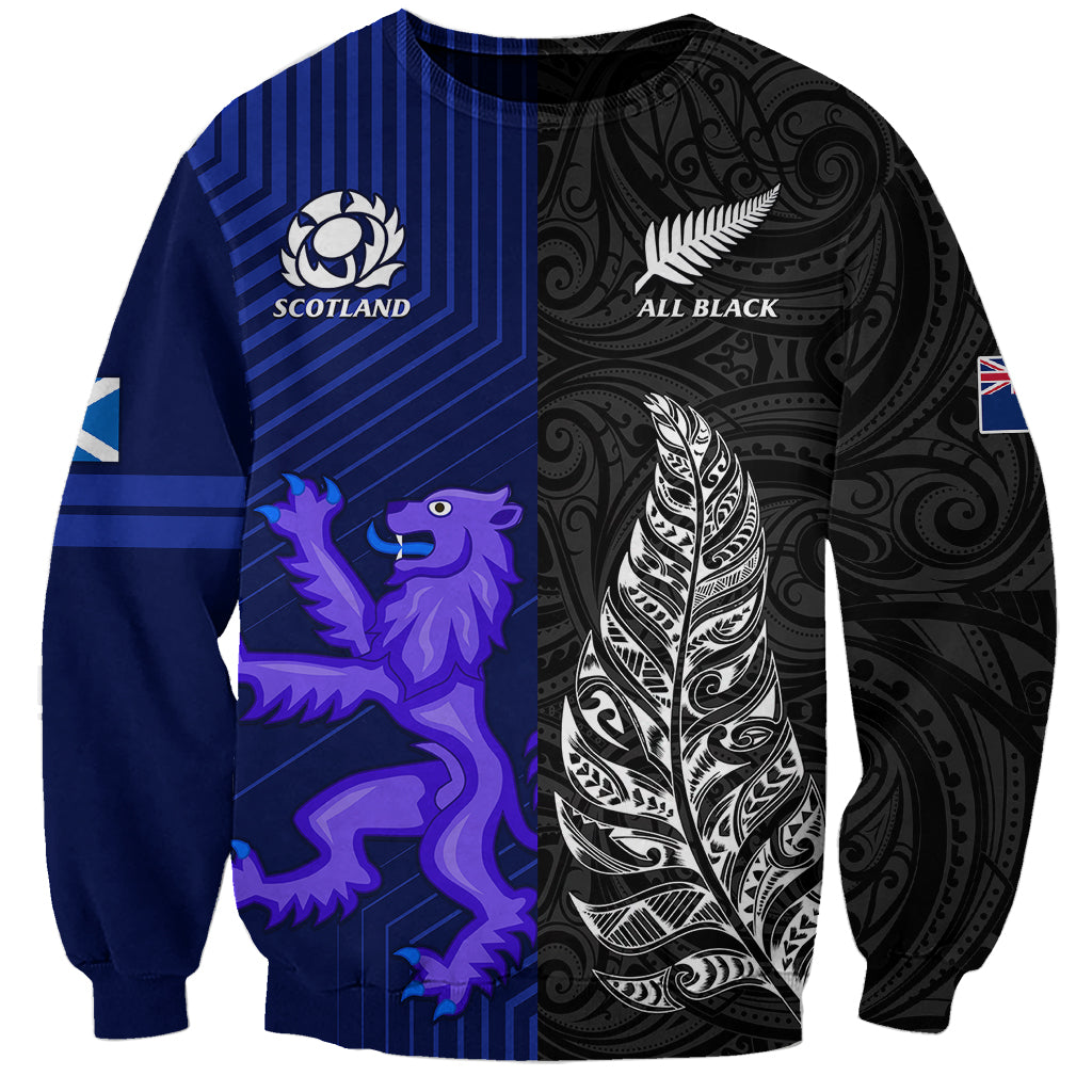 Unisex rugby sweatshirt in black and navy, Scotland crest and All Black Maori feather art