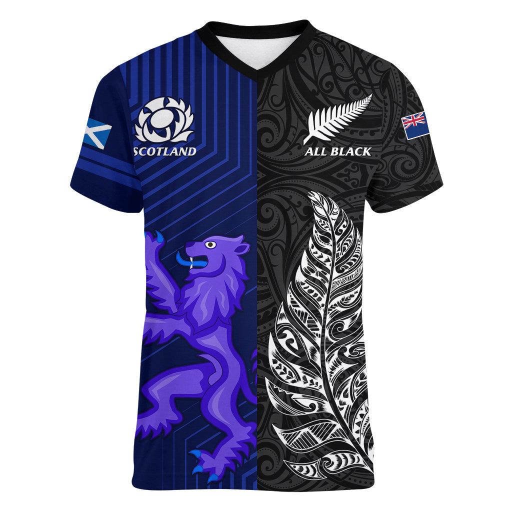 personalised-new-zealand-and-scotland-rugby-women-v-neck-t-shirt-all-black-maori-with-thistle-together