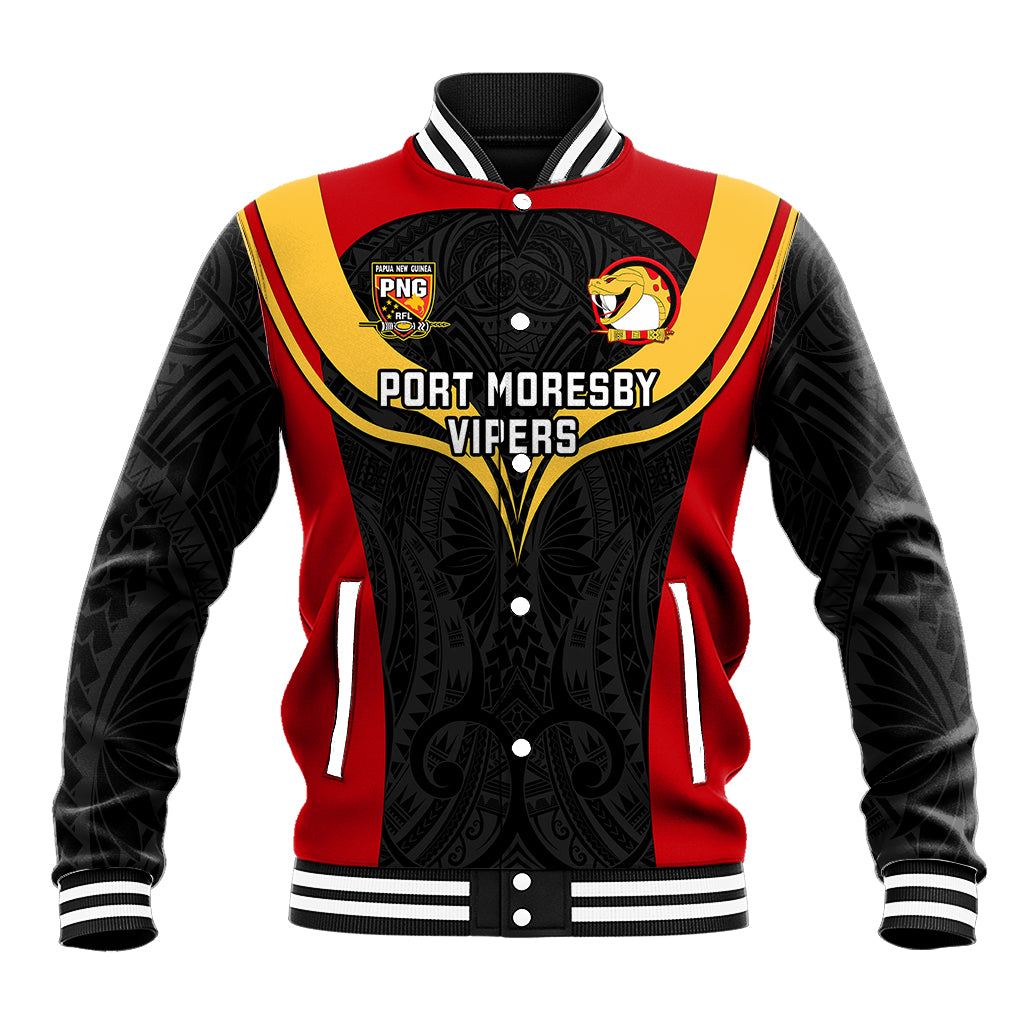 Unisex black and red varsity baseball jacket with yellow trim, striped collar, front logo