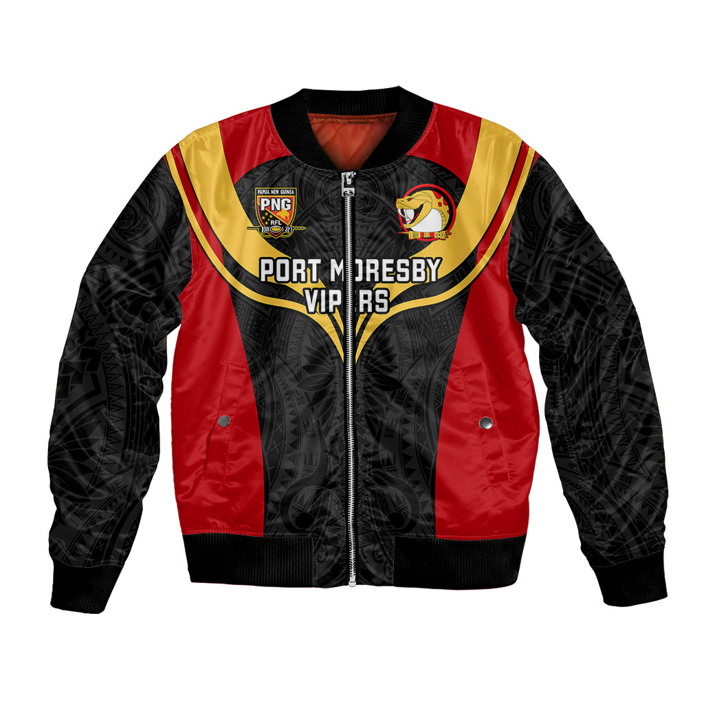 Unisex black and red bomber jacket with full zipper, ribbed collar, and team patches
