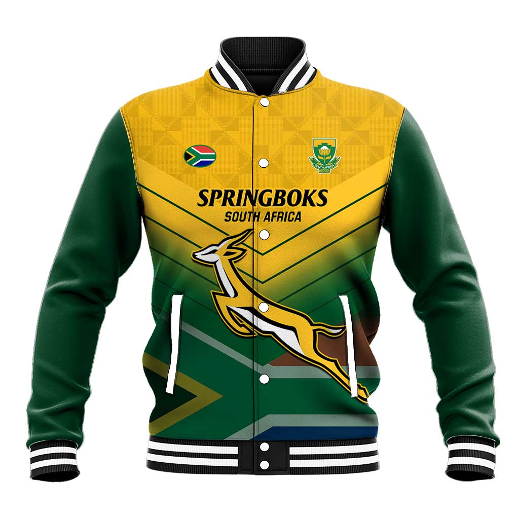 Green and yellow Springboks South Africa baseball jacket with striped collar and logo