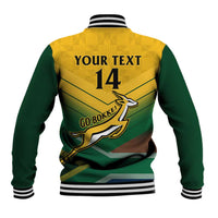 Green and yellow baseball jacket back with YOUR TEXT, number 14, and rugby logo