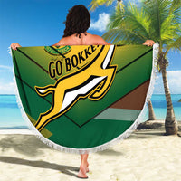 Round beach blanket with fringe, green and gold South Africa rugby “Go Bokke!” print