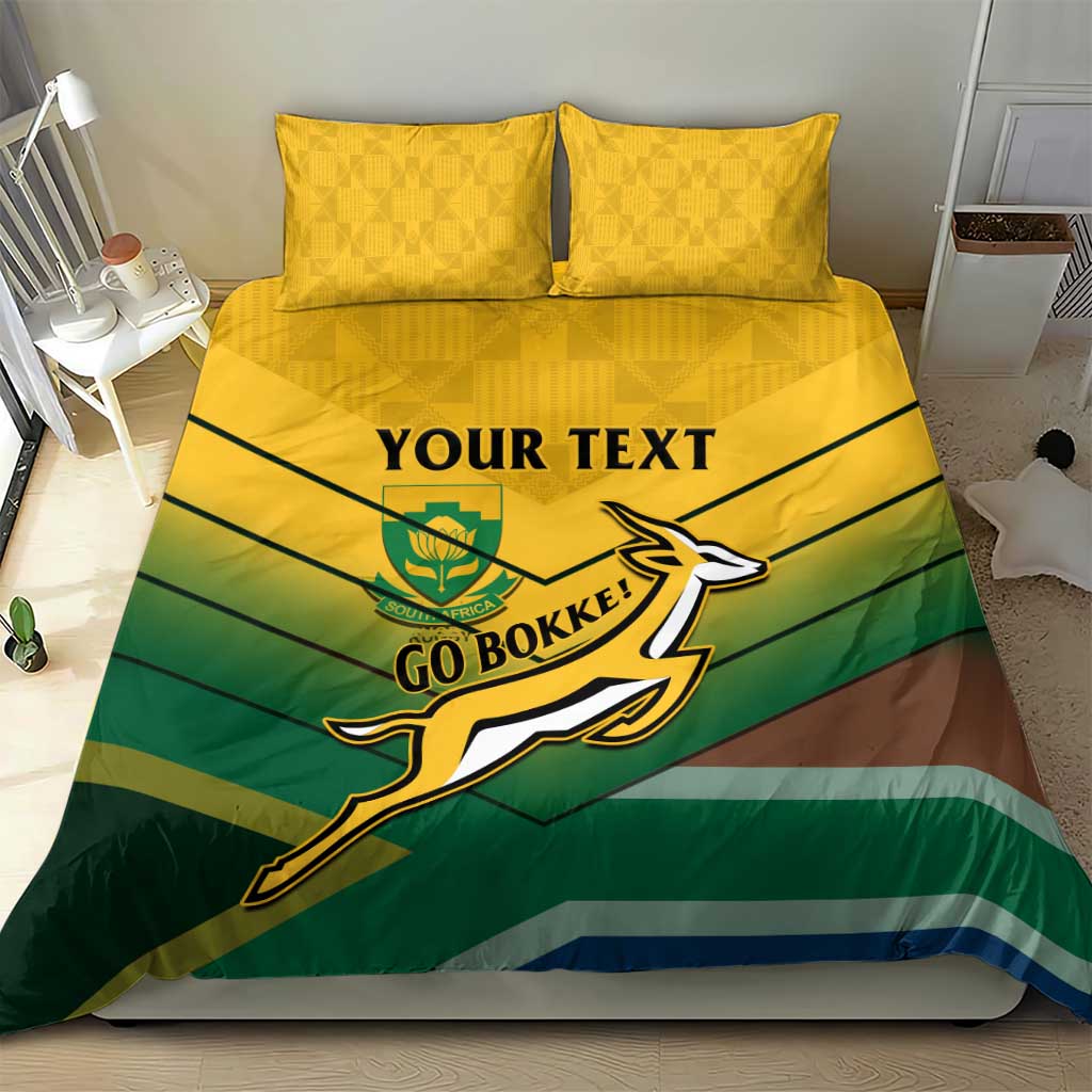 Green and yellow rugby bedding set featuring “YOUR TEXT” and Go Bokke emblem on duvet