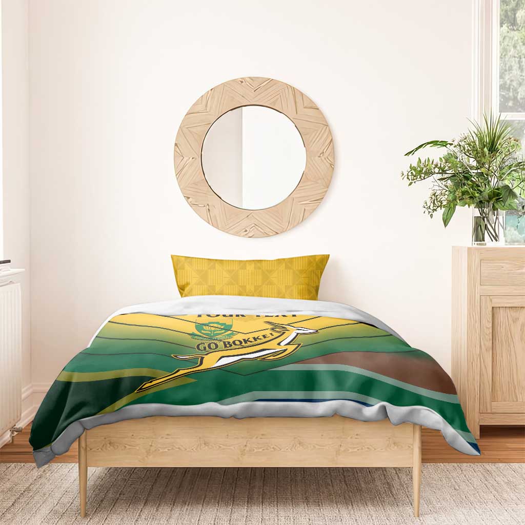 Green and yellow rugby bedding set with Go Bokke logo on duvet and yellow pillowcases