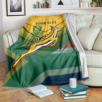 South Africa rugby blanket with yellow-green stripes and Go Bokke logo, 'YOUR TEXT'