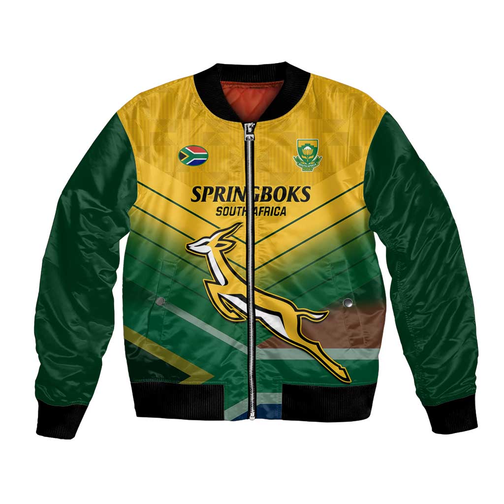 Green and yellow bomber jacket with front zipper, ribbed cuffs, Springboks graphic