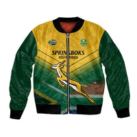 Green and yellow bomber jacket with front zipper, ribbed cuffs, Springboks graphic