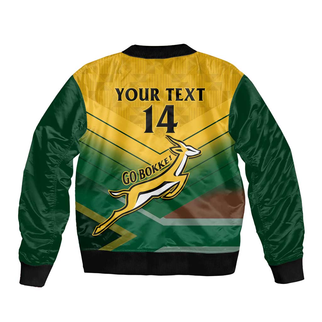 Green and yellow bomber jacket, back print with 'YOUR TEXT' and '14', springbok logo