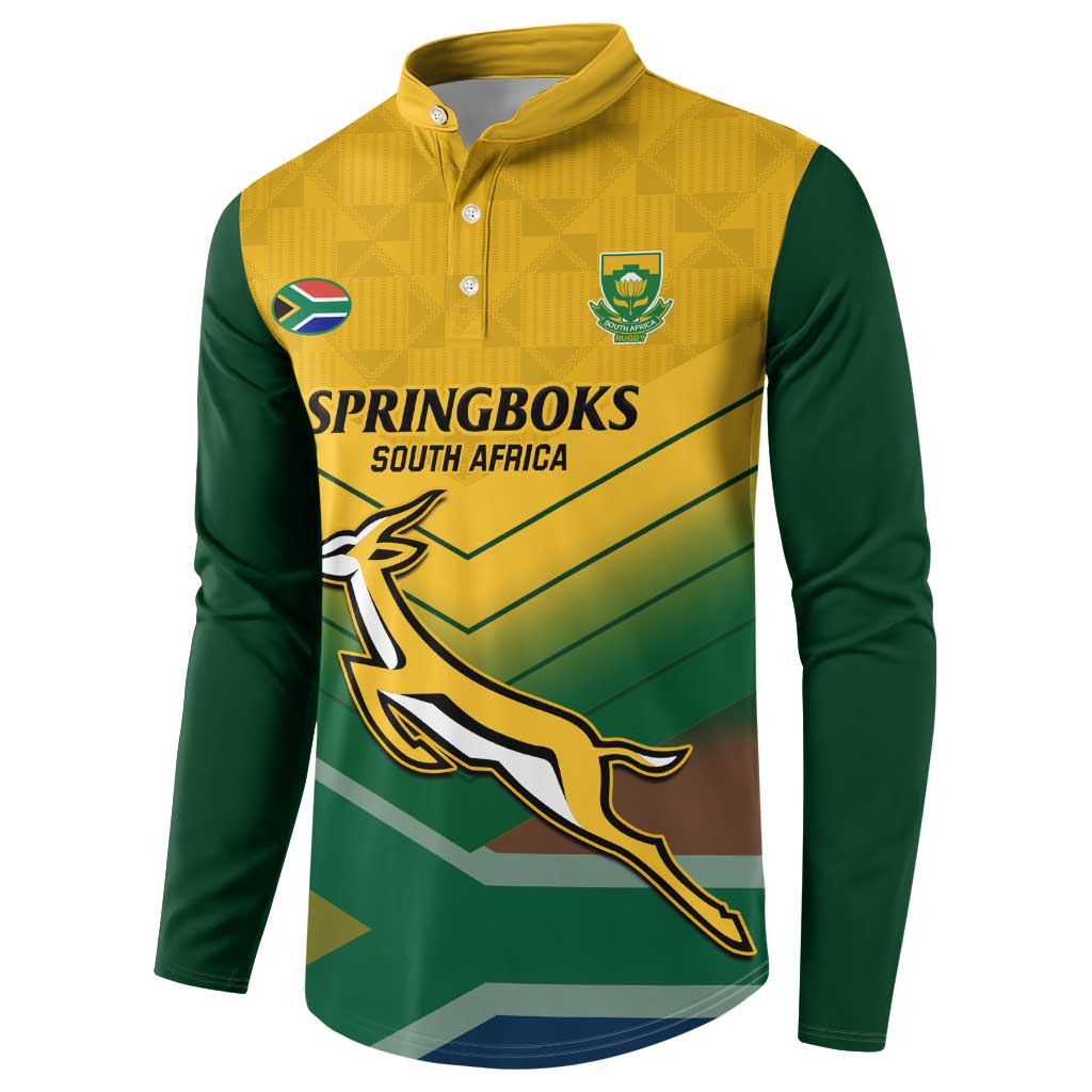 Green and yellow rugby button sweatshirt, side view, emblem and kangaroo graphic