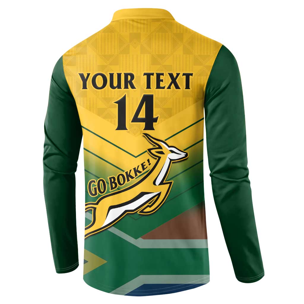 Green and yellow rugby button sweatshirt with back text YOUR TEXT 14 and kangaroo