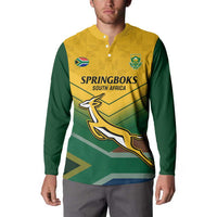 Green and yellow rugby button sweatshirt on model, crest and kangaroo front graphic