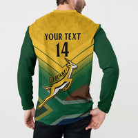 Green and yellow rugby button sweatshirt on model, back print YOUR TEXT 14