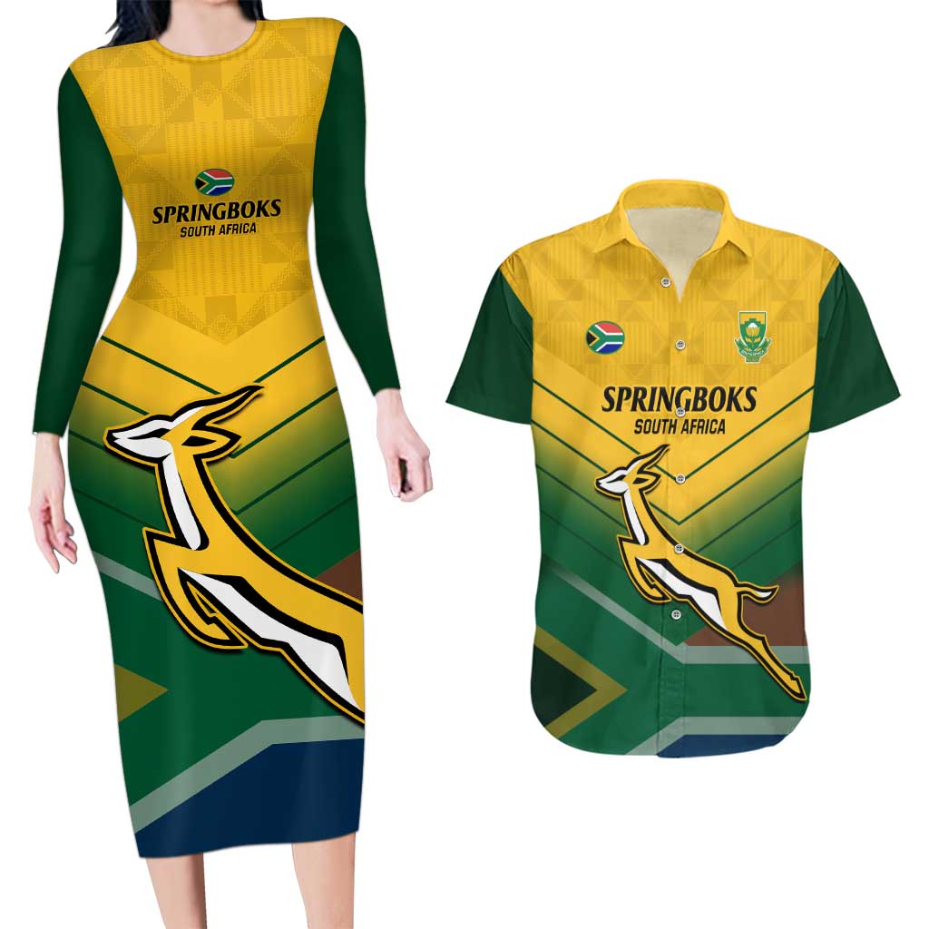 Custom South Africa Rugby Couples Matching Long Sleeve Bodycon Dress and Hawaiian Shirt Springboks Go Champions African Pattern - Wonder Print Shop