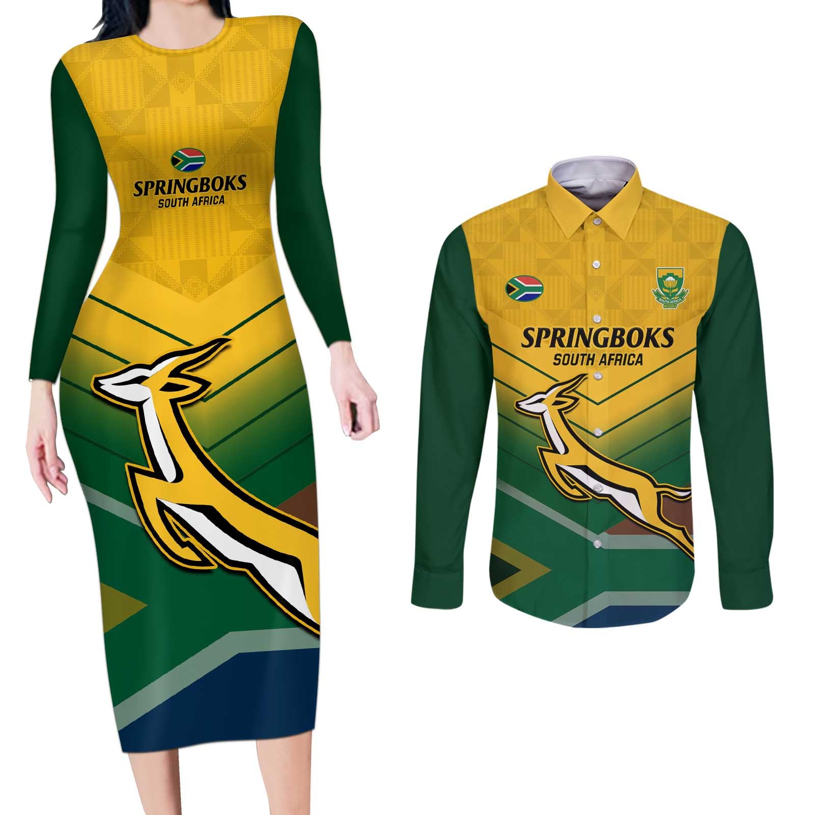 Custom South Africa Rugby Couples Matching Long Sleeve Bodycon Dress and Long Sleeve Button Shirt Springboks Go Champions African Pattern - Wonder Print Shop