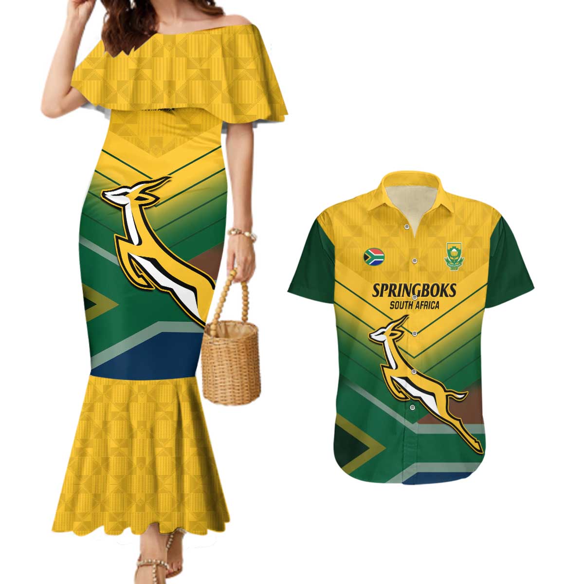 Custom South Africa Rugby Couples Matching Mermaid Dress and Hawaiian Shirt Springboks Go Champions African Pattern - Wonder Print Shop