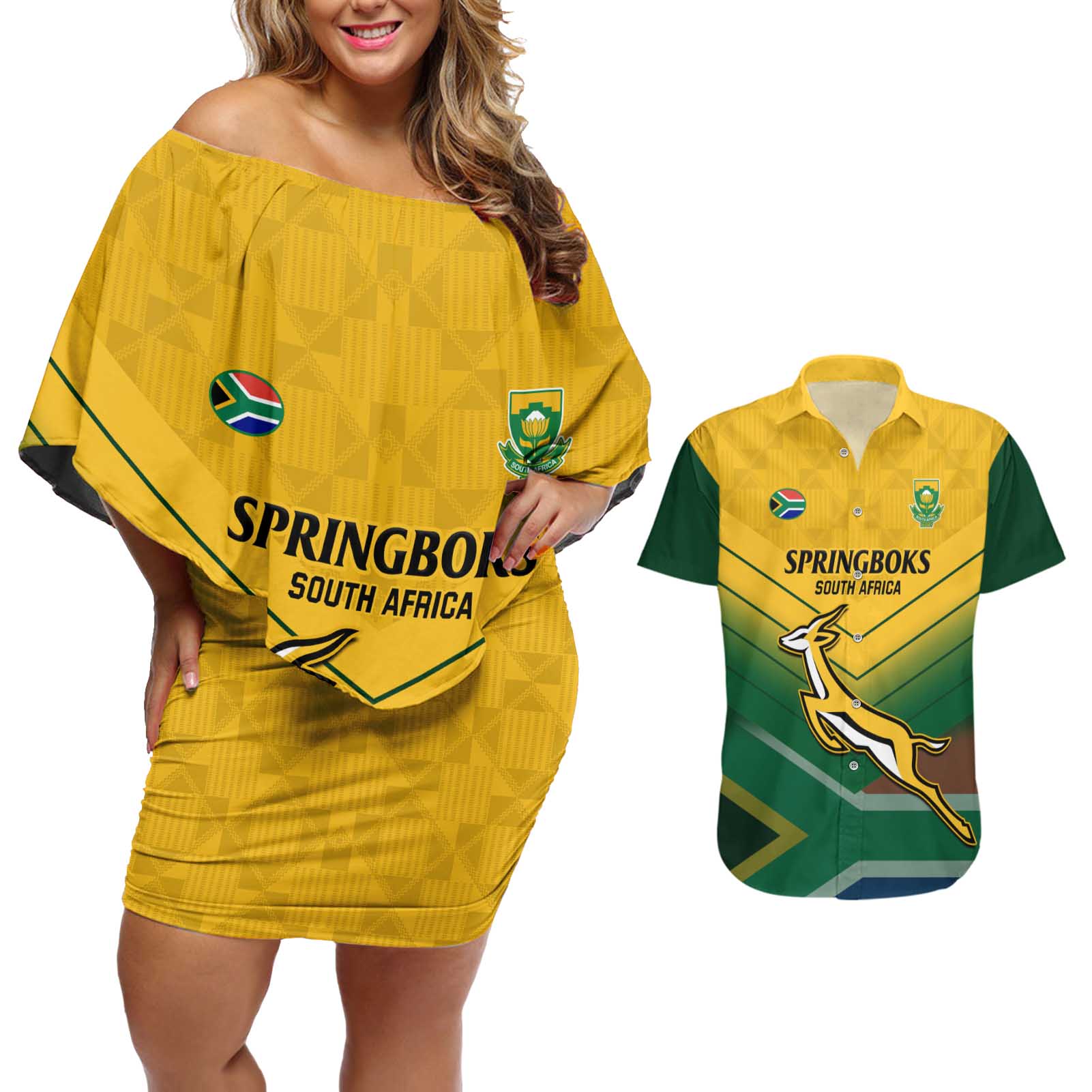 Custom South Africa Rugby Couples Matching Off Shoulder Short Dress and Hawaiian Shirt Springboks Go Champions African Pattern - Wonder Print Shop