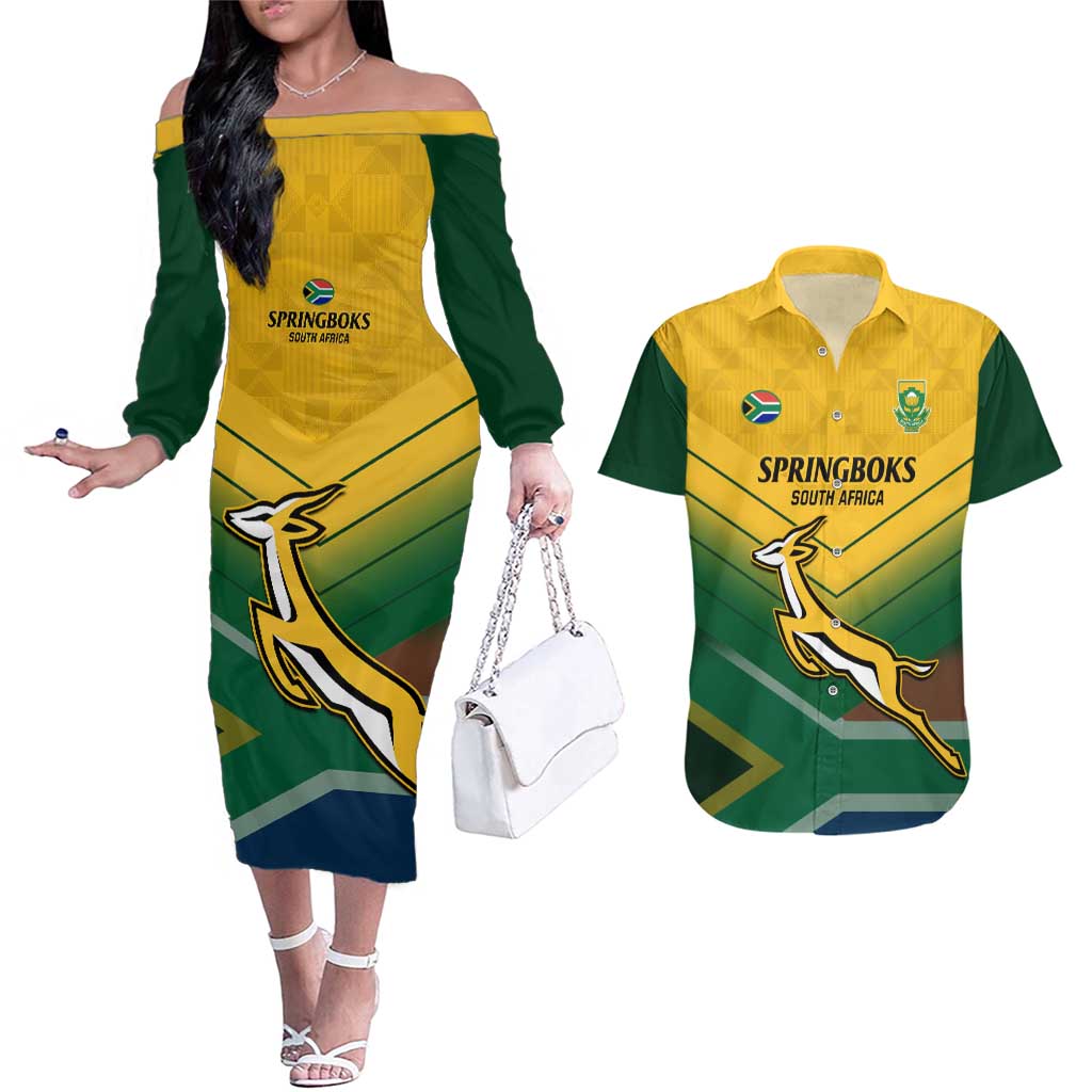 Custom South Africa Rugby Couples Matching Off The Shoulder Long Sleeve Dress and Hawaiian Shirt Springboks Go Champions African Pattern - Wonder Print Shop