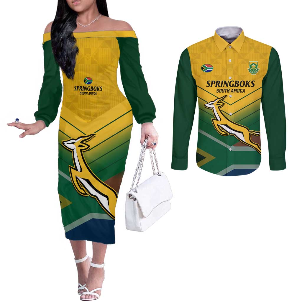 Custom South Africa Rugby Couples Matching Off The Shoulder Long Sleeve Dress and Long Sleeve Button Shirt Springboks Go Champions African Pattern