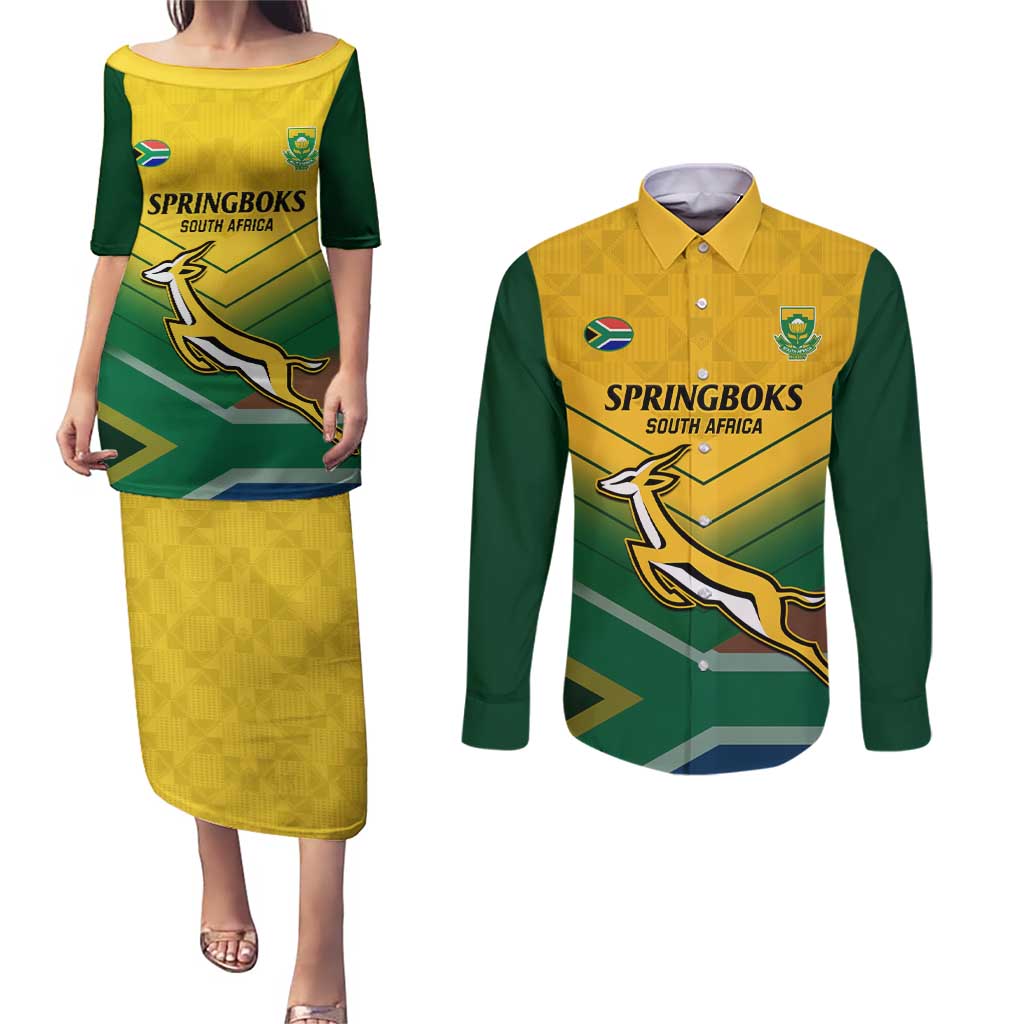 Custom South Africa Rugby Couples Matching Puletasi and Long Sleeve Button Shirt Springboks Go Champions African Pattern - Wonder Print Shop