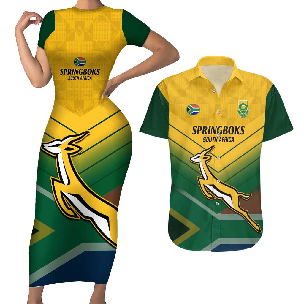 Custom South Africa Rugby Couples Matching Short Sleeve Bodycon Dress and Hawaiian Shirt Springboks Go Champions African Pattern - Wonder Print Shop